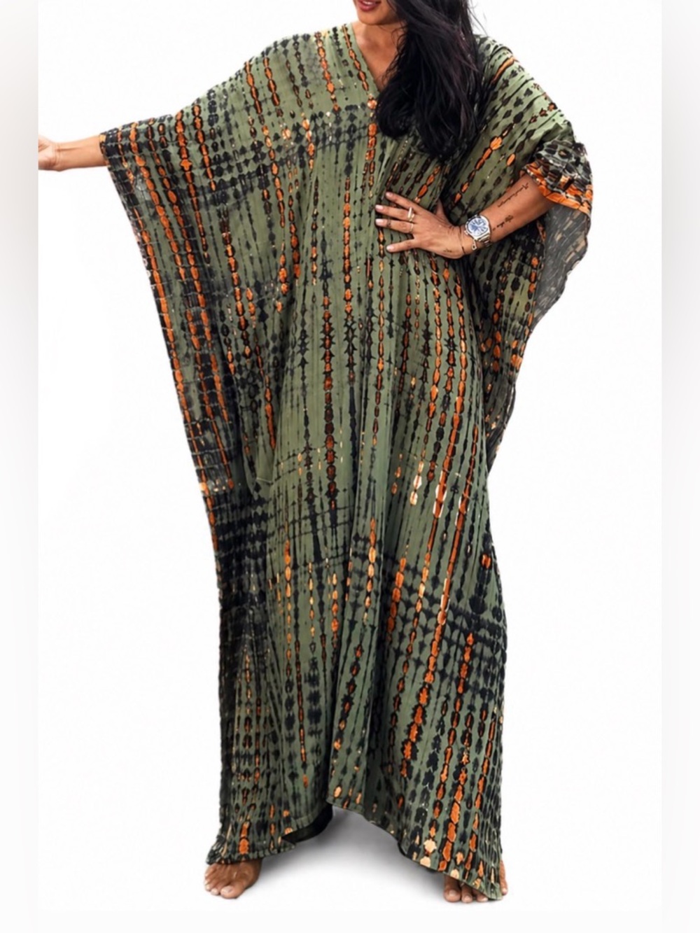 Olive Green & Orange Tie-Dye Kaftan